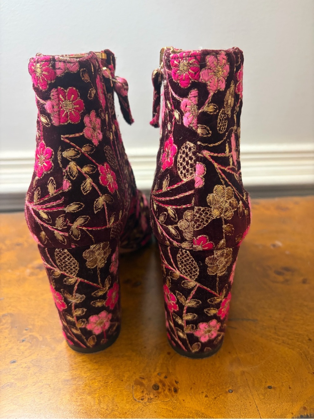 Aquazzura Floral Embroidered Velvet Ankle Boots - Pink on Burgundy - Picture 3 of 5